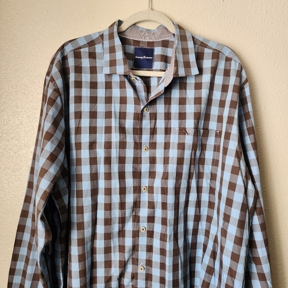 Tommy Bahama Brown Blue Buffalo Plaid Floral Button Down Casual Top Mens 2x - Picture 3 of 11